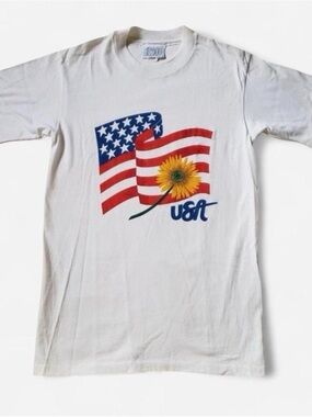 Vintage 1990s USA Flag & Sunflower Graphic Tee - White Large